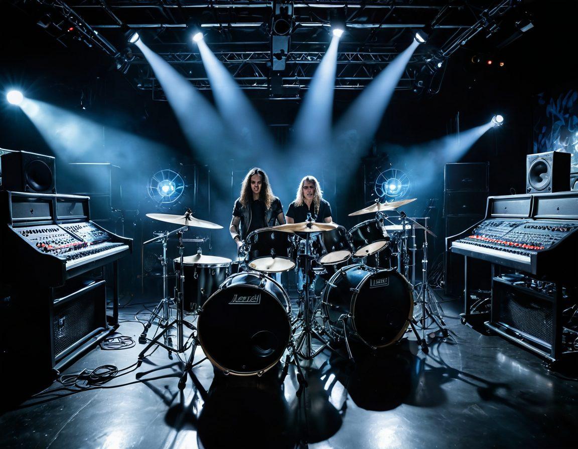 A dynamic scene depicting a heavy metal band in a vibrant rehearsal studio, surrounded by intricate audio equipment like mixers and soundboards, blending with electrifying stage lights. The band members, dressed in leather and denim, are passionately playing their instruments, with a powerful atmosphere radiating energy and creativity. Shadows and reflections create a dramatic effect, capturing the essence of both studio and stage. super-realistic. vibrant colors. high contrast.