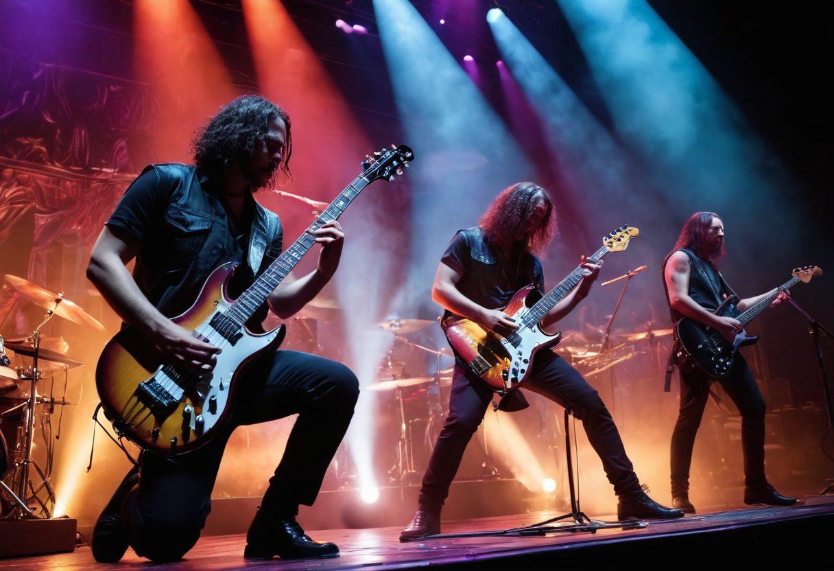 An electrifying scene of a heavy metal band performing on stage, showcasing musicians passionately playing electric guitars, a drummer in motion, and a powerful vocalist with dynamic expressions. The backdrop features vibrant stage lights and swirling colors, capturing the energy of metal music. Include various musical instruments like a double bass and keyboard for depth. The audience should look engaged and ecstatic, reflecting the harmony of music and vocal performances. super-realistic. vibrant colors. concert atmosphere.