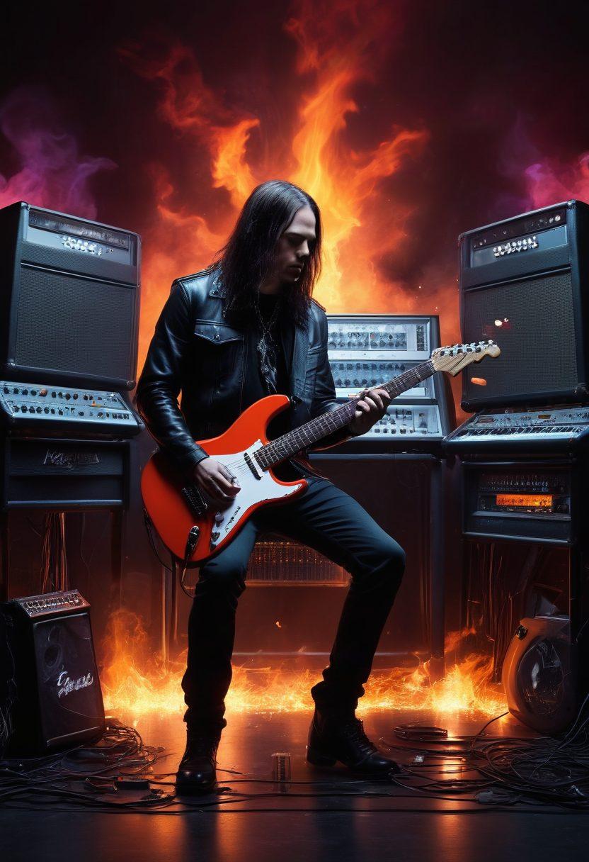 A dynamic scene of a passionate metal music producer at a recording studio, surrounded by electric guitars, amplifiers, and sound mixing equipment, with vibrant sound waves and musical notes visually emanating from the instruments. The atmosphere is energetic and intense, filled with heavy metal elements like skulls and flames. The color palette is dark with bursts of bright colors representing sound waves. super-realistic. vibrant colors. dramatic lighting.
